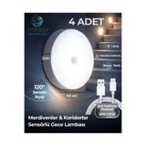 Forbin 4 Adet Hareket Sensörlü Gece Lambası Şarjlı LED Gece Işığı 120° Hareket Sensörlü Koridor Merdiven Ev Dolap Aydınlatması