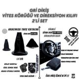 Ford Cargo Uyumlu Siyah Deri Gri Dikiş Direksiyon Kılıfı ve Vites Körüğü 2'li Set