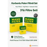 Ford Focus 3 1.6 Tdci Dizel 2011-2018 Mann Filtre Seti (3’Lü / 3 Parça) Karbonlu Polen + Hava + Yağ Filtresi (Yakıt Yok)