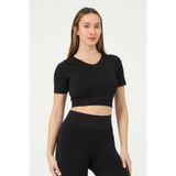 FOREVER MORE Kadın V Yaka Kısa Kollu Dikişsiz Esnek T-shirt Crop Top siyah-L