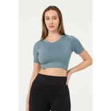 FOREVER MORE Kadın V Yaka Kısa Kollu Dikişsiz Esnek T-shirt Crop Top turkuaz-XS