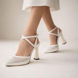 Foreversoles Kadın Beyaz Kumaş Ince Topuklu Kapalı Burun Stiletto Ayakkabı Düğün Nişan Davet