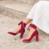 Foreversoles Kadın Kırmızı Kadife Görünümlü Ince Topuklu Kapalı Burun Stiletto Ayakkabı Düğün Nişan Davet