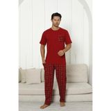 Formo Erkek %100 Organik Doğal Pamuk Ekose Cep Detaylı Yüksek Kalite Kısa Kollu Pijama Takımı - Bordo - 2XL