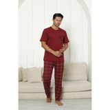 Formo Erkek %100 Organik Doğal Pamuk Ekose Cep Detaylı Yüksek Kalite Kısa Kollu Pijama Takımı - Bordo - 4XL