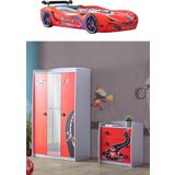 Formula Çocuk Odası, Kırmızı Mercedes Full Ledli Arabalı Yatak, 3 Kapaklı Dolap, Şifonyer