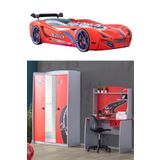 Formula Genç Odası - 3 Kapılı Dolap, Mercedes Full Ledli Arabalı Yatak, Masa - Kırmızı