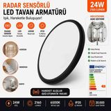 Formzen 24W Radar Sensörlü LED Tavan Armatürü 2160 Lümen 6500K Beyaz Işık | 5 Metre Algılama | 180° Sensör | Otomatik LED Armatür | IP20 - Çerçeve - Siyah