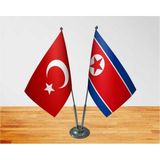 Fors Bayrak Kuzey Kore Masa Bayrağı Krom Direkli Ikili Bayrak - Renkli