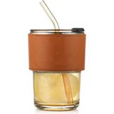 Forzacase 350ML Isıya Dayanıklı Deri Şeritli Pipetli Borosilikat Cam Bardak | Çay Kahve - FC1141 - Amber - 350 ml