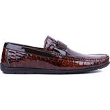 Fosco Hakiki Deri Taba Croco Erkek Loafer - 2094 Düz Taban Şık Ayakkabı - Siyah