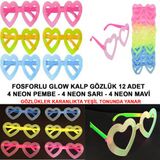 Fosforlu Kalp Model Glow Parti Gözlüğü Karanlıkta Yanan Gözlükler 12 Adet (5250)
