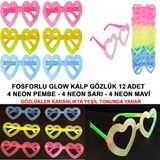 Fosforlu Kalp Model Glow Parti Gözlüğü Karanlıkta Yanan Gözlükler 12 Adet (5433)