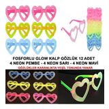Fosforlu Kalp Model Glow Parti Gözlüğü Karanlıkta Yanan Gözlükler 12 Adet