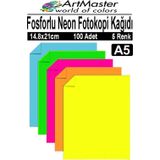 Fosforlu Neon Renkli A5 Fotokopi Kağıdı 100 Adet 1 Paket 14.8X21 Cm Fosforlu 5 Renk Parlak Canlı Renkler Neon Fotokopi