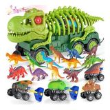 Fosil Dinosaur Tracks Dinozor İskeleti Işıklı Kükreme Sesli Sök Tak Oyuncak Kamyon & 8li Dinozor Seti (Yeşil)