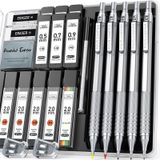 Four Candies Metal Mekanik Kalem Seti, 3 ADET Sanat Çizim Kalemleri 0.5, 0.7, 0.9MM & 2 ADET 2MM Mekanik Çizim Kalemleri 420PCS Talepler (4B 2B HB 2H Renk) Çizim Yazmak için (Gümüş)