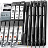 Four Candies Metal Mekanik Kalem Seti, 3 ADET Sanat Çizim Kalemleri 0,5, 0,7, 0,9 MM ve 2 ADET 2MM Mekanik Çizim Kalemleri 420 ADET Talepler (4B 2B HB 2H Renk) Çizim Çizimi Yazmak için (Siyah)