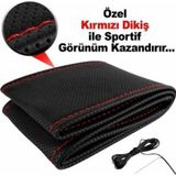 Fox Deri Direksiyon Kılıfı Sarmalı Dikmeli Kırmızı Dikişli Kokusuz Kılıf