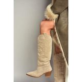 Fox Shoes Bej Süet Kadın Kovboy Model Çizme Kalın Topuklu Günlük Kullanım İçin Şık Tasarım