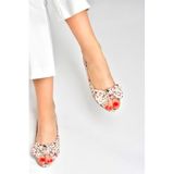 fox SHOES Bej/kırmızı Keten Çiçek Baskı Kadın Babet M726103005, Bej/Kırmızı, 38