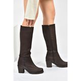 Fox Shoes C674250309 Kahverengi Suni Deri Kalın Topuklu Kadın Çizme