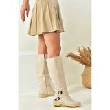 Fox Shoes E726203409 Bej Suni Deri Kısa Topuklu Kadın Çizme
