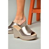 fox SHOES K250101509 Platin Dolgu Topuklu Kadın Terlik, Platin-Suni Deri, 37