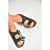 fox SHOES K777604802 Siyah Süet Çift Tokalı Taşlı Kadın Terlik, Siyah-Süet, 39