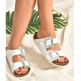Fox Shoes K777604809 Beyaz Çift Tokalı Taşlı Kadın Terlik