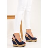 Fox Shoes Kadın Dolgu Topuklu Sandalet Keten Malzeme ile 12 cm Yüksek Topuk Lacivert Renk 9674070805