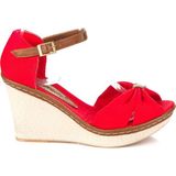Fox Shoes Kadın Kırmızı Dolgu Topuklu Ayakkabı Keten ve Hazır Taban ile Şık Tasarım