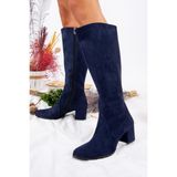 Fox Shoes Kadın Lacivert Süet Çizme Kalın Topuklu Günlük Kullanım İçin Şık Tasarım