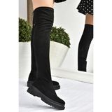 Fox Shoes Kadın Siyah Süet Dizüstü Esnek Çizme 4 cm Topuk Yüksekliği ile Şık ve Rahat