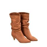 Fox Shoes L404810602 Taba Süet Kısa Topuklu Büzgülü Kadın Bot