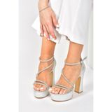 Fox Shoes M348202614 Gümüş Sim Platform Kalın Topuklu Kadın Abiye Ayakkabı