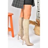 Fox Shoes N372530102 Bej Süet İnce Topuklu Sivri Burun Kadın Çizme