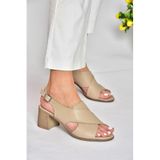fox SHOES P555450503 Vizon Deri Kalın Topuklu Kadın Ayakkabı, Vizon-Hakiki Deri, 38