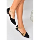 Fox Shoes P726054502 Siyah Leopar Süet Zincir Detaylı Kadın Babet