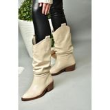 Fox Shoes R280080509 Bej Suni Deri Alçak Topuklu Büzgülü Kadın Çizme