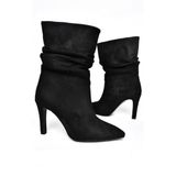 fox SHOES R404020302 Siyah Süet İnce Topuklu Büzgülü Kadın Bot, Siyah-Süet, 40