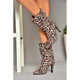 Fox Shoes R404020304 Leopar Kumaş İnce Topuklu Büzgülü Kadın Bot