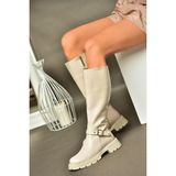 Fox Shoes R518096809 Bej Suni Deri Fermuarlı Alçak Topuklu Kadın Çizme