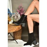 Fox Shoes R654006502 Siyah Hakiki Deri Süet Kalın Topuklu Kadın Bot