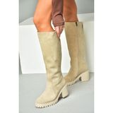 Fox Shoes R654047702 Bej Deri Süet Kalın Topuklu Kadın Çizme