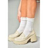fox SHOES R996052009 Bej Kalın Topuklu Kadın Ayakkabı, Bej-Suni Deri, 40