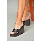 fox SHOES S250101409 Siyah Dolgu Tabanlı Kadın Terlik, Siyah-Suni Deri, 37