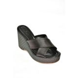 fox SHOES S250101409 Siyah Dolgu Tabanlı Kadın Terlik, Siyah-Suni Deri, 38