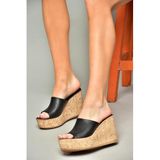 fox SHOES S996069909 Siyah Dolgu Tabanlı Kadın Terlik, Siyah-Suni Deri, 38