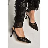 Fox Shoes Siyah File Boncuk İşlemeli İnce Topuklu Ayakkabı, 37, Y7264624, Siyah-File, Kadın